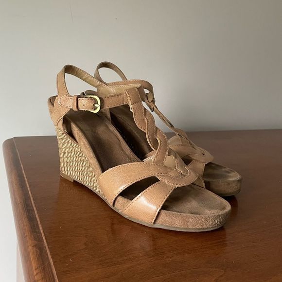 A2 By Aerosoles Shoes - Aerosoles A2 Tan Braided Leather Wedge Sandals